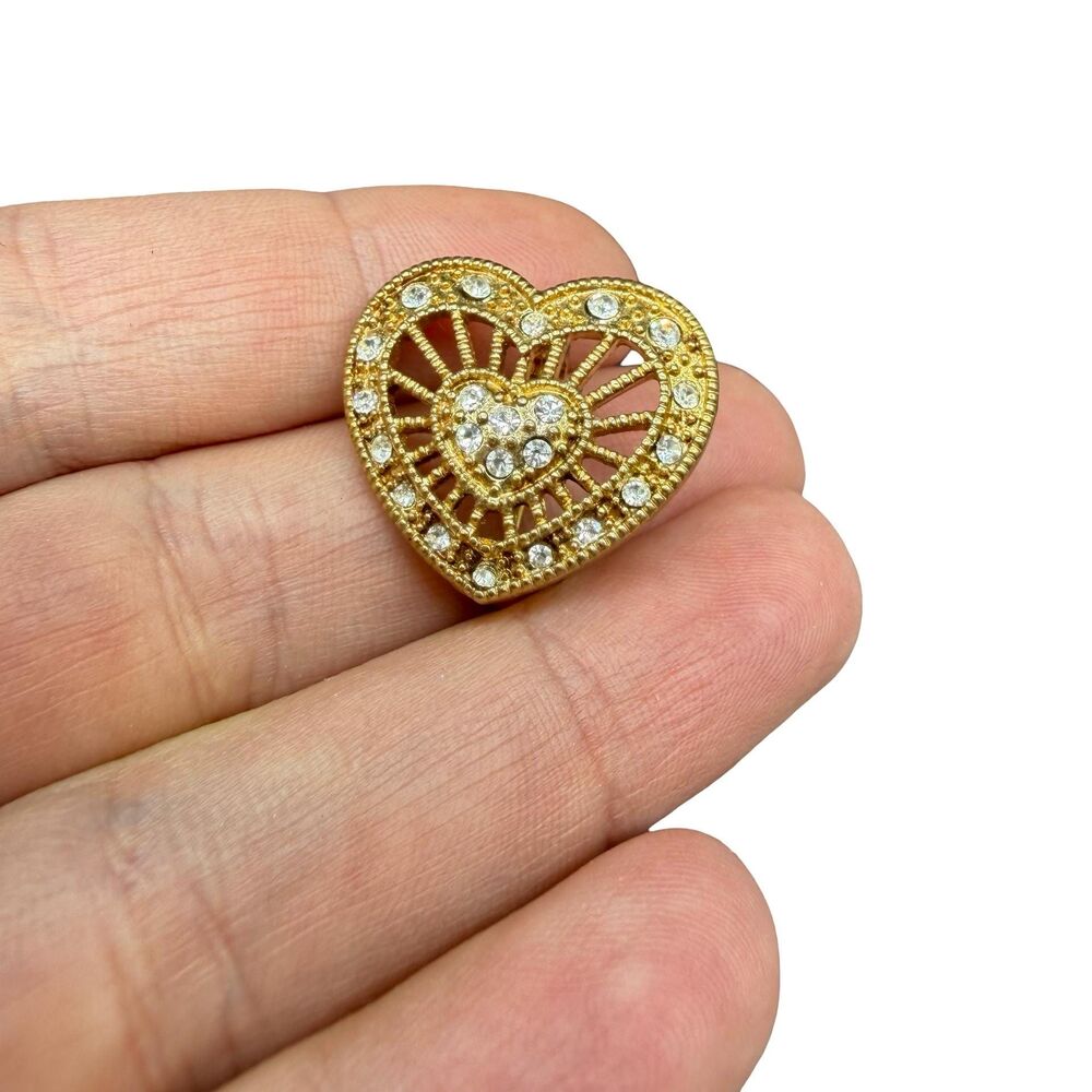 Vintage Jewelry Gold Tone Heart Brooch with rhinestones signed RMN heart pin